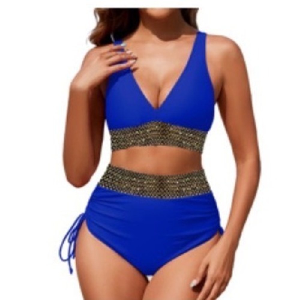 Luosamyo Bikini Set Women L Royal‎ Blue NEW Sequin High Waist Ruched V-Neck